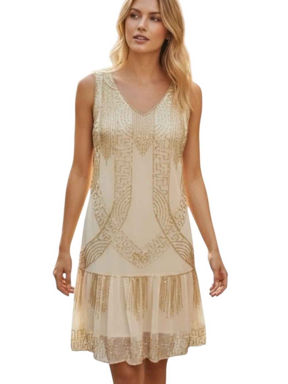 Frock and Frill Beaded Flapper Dress Women's Nude Gold 1920s Gatsby Art Deco